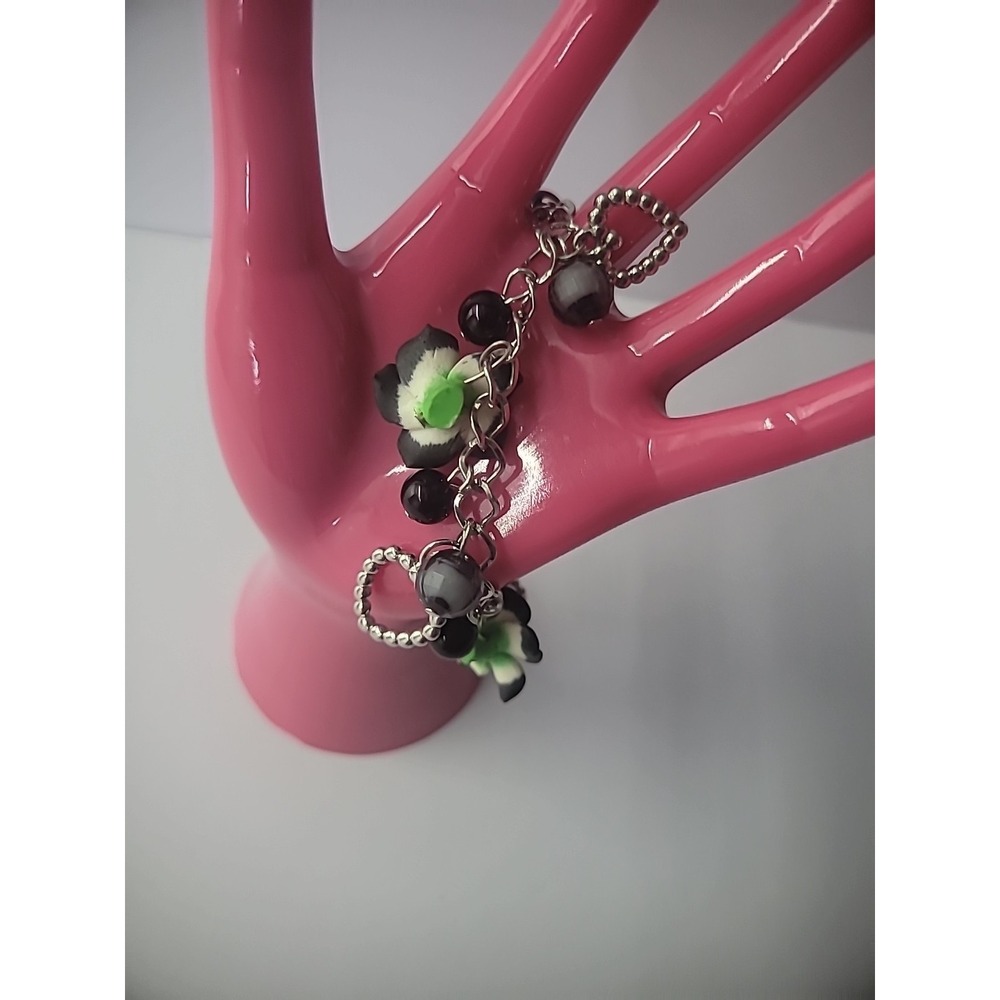 Vintage Bracelet Chain Drop Dangle Flowers Beaded Black Hearts Charm Jewelry - Picture 8 of 10